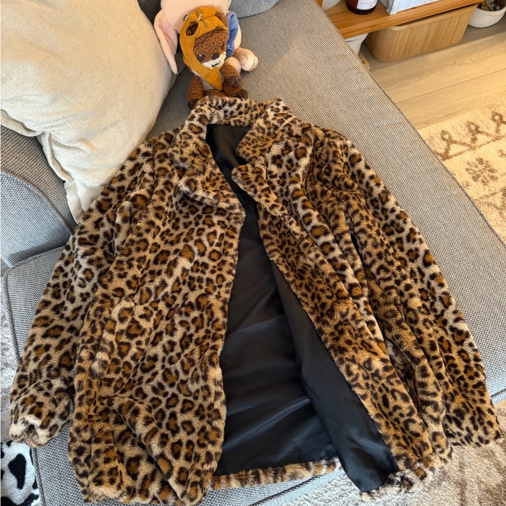 Leopard Print Faux Fur Coat - Brown